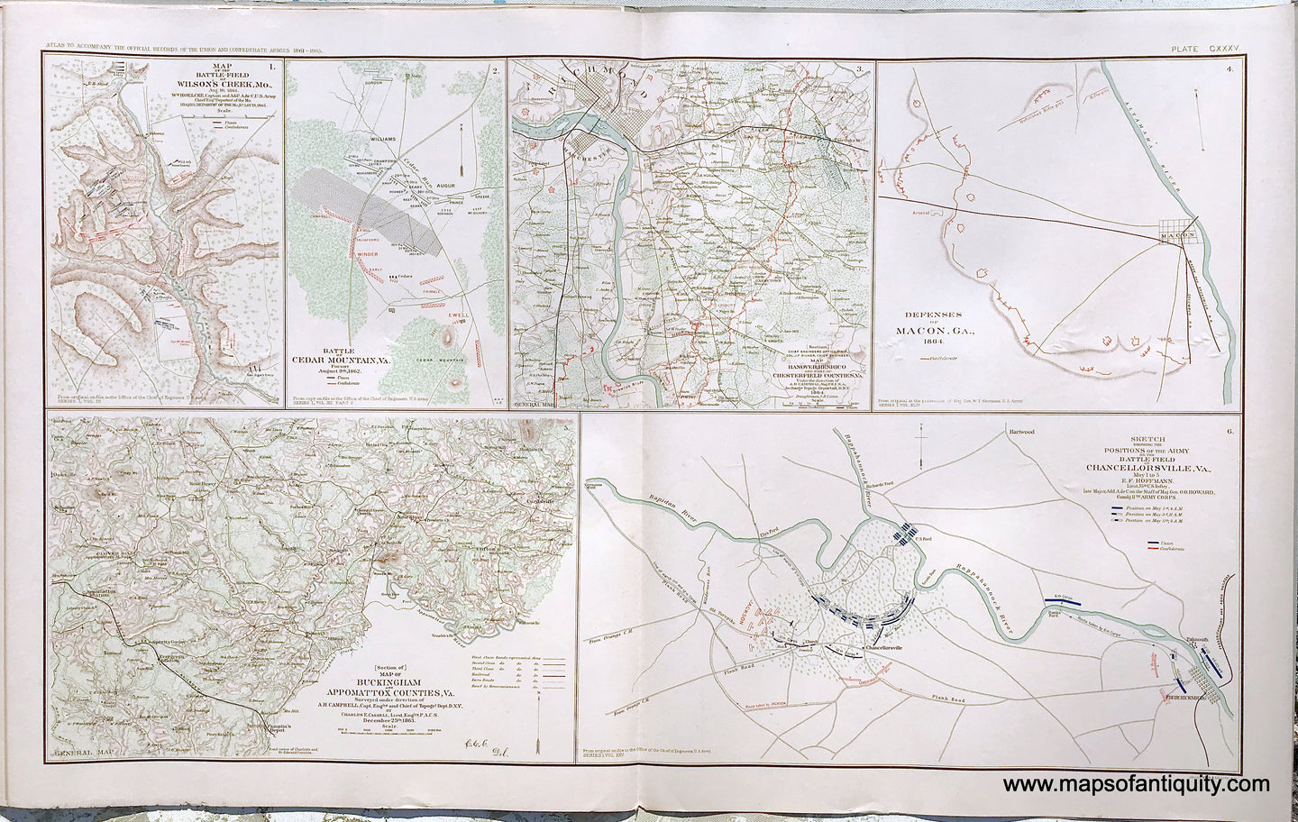 Antique-Lithograph-Print-Plate-135.-Battle-Field-of-Wilson's-Creek-Mo.-Battle-of-Cedar-Mountain-Va.-fought-Section-of-Buckingham-and-Appomattox-Counties-Va.-Section-of-Hanover-Henrico-and-part-of-Chesterfield-Counties-Va.-1864-/-Defenses-of-Macon-Ga.-1864-/-Battle-Field-of-Chancellorville-Va.-May-1-to-5.-1894-US-War-Dept.-Civil-War-Civil-War-1800s-19th-century-Maps-of-Antiquity