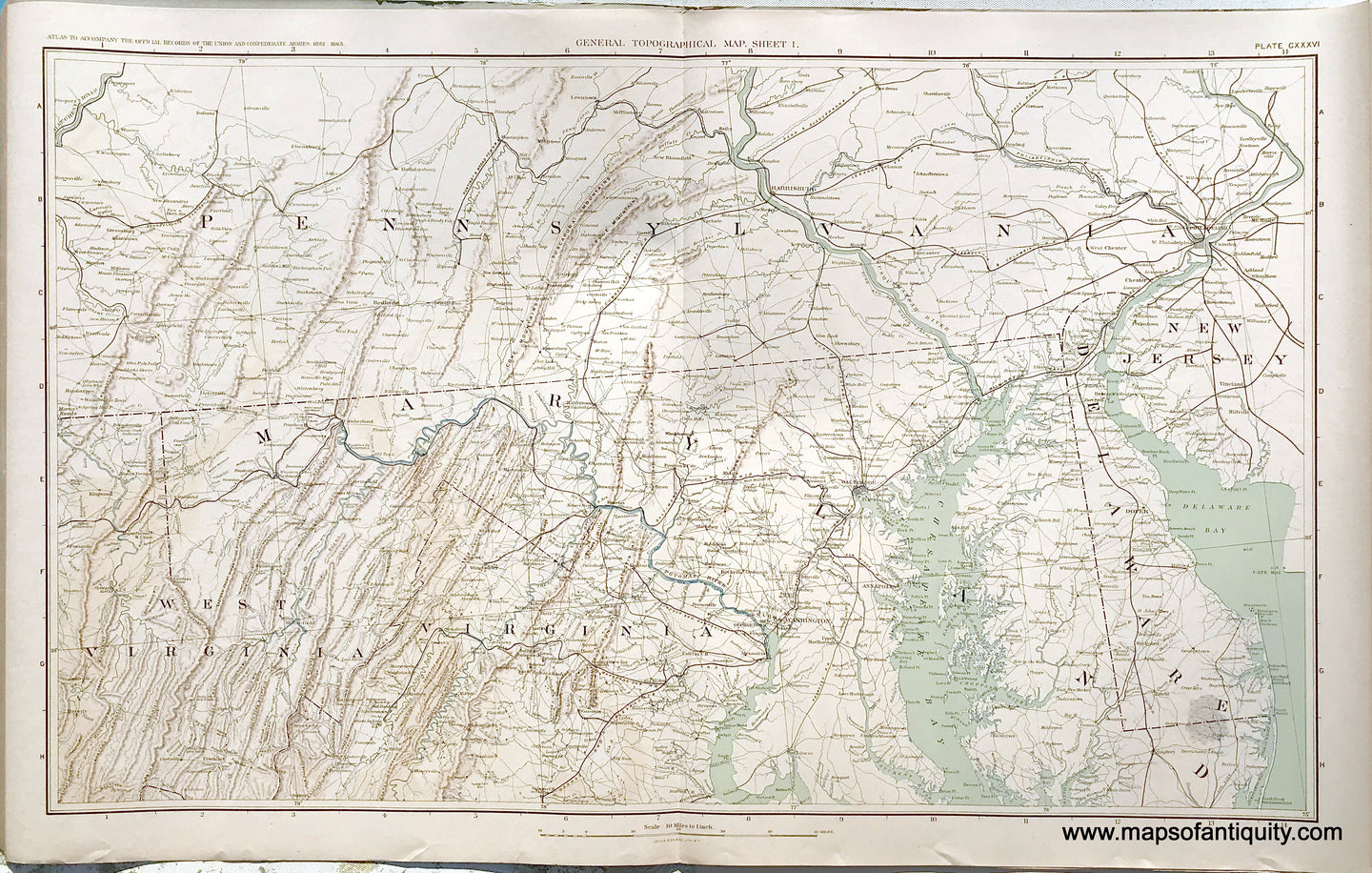 Antique-Lithograph-Print-Plate-136.-General-Topographical-Map.-Sheet-I.-Sections-of-Pennsylvania-Maryland-West-Virginia-Virginia-New-Jersey-and-Delaware.-1894-US-War-Dept.-Civil-War-Civil-War-1800s-19th-century-Maps-of-Antiquity