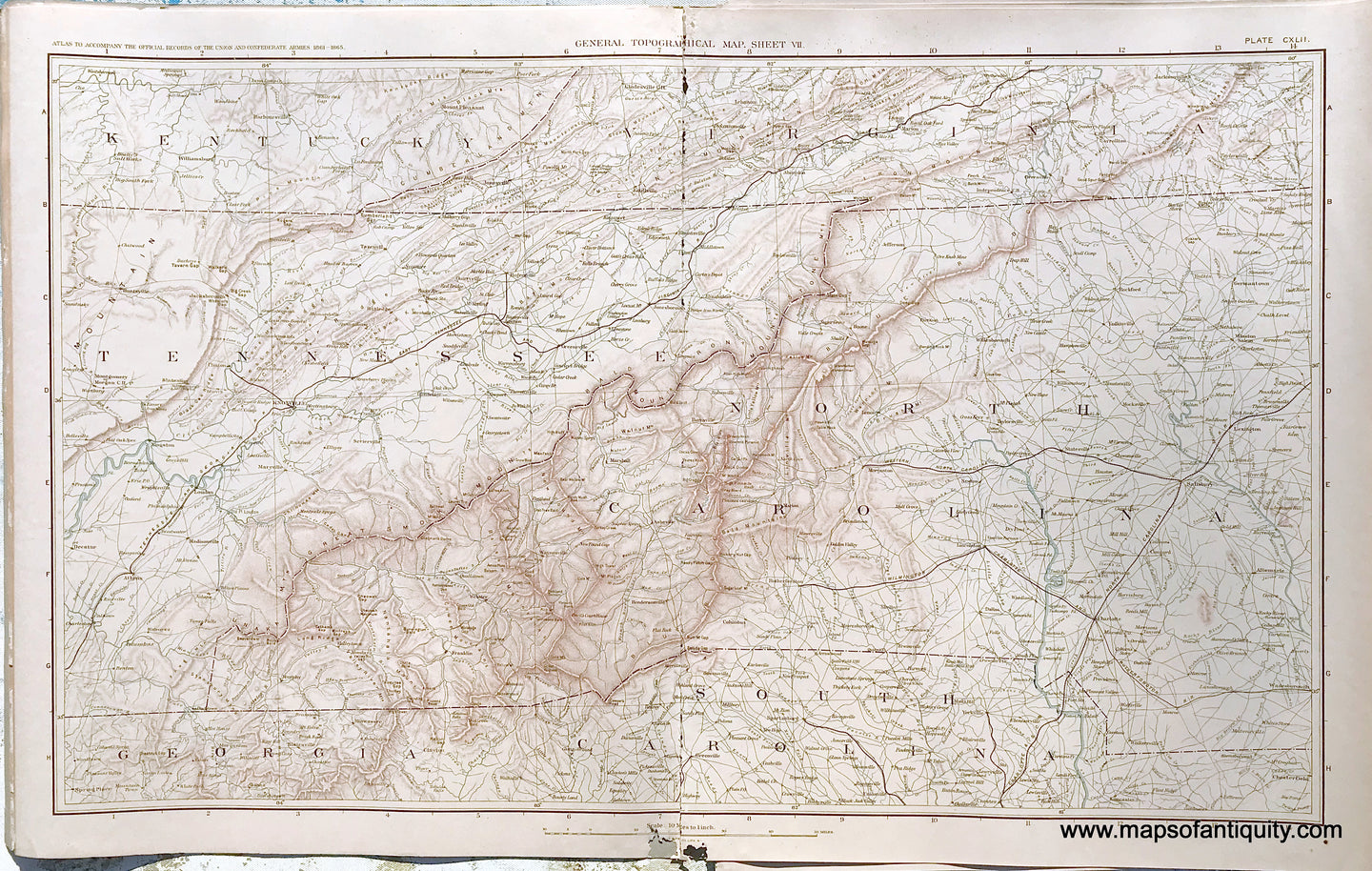 Antique-Lithograph-Print-Plate-142.-General-Topographical-Map.-Sheet-VII.-Sections-of-Kentucky-Tennessee-Virginia-North-Carolina-South-Carolina-and-Georgia.-1894-US-War-Dept.-Civil-War-Civil-War-1800s-19th-century-Maps-of-Antiquity