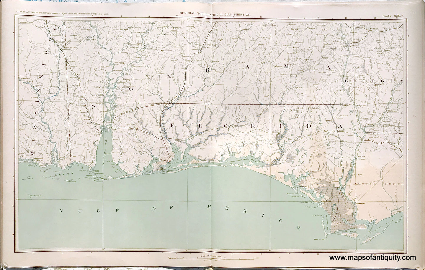 Antique-Lithograph-Print-Plate-147.-General-Topographical-Map.-Sheet-XII.-Gulf-of-Mexico--Sections-of-the-coasts-of-Mississippi-Alabama-and-Florida-with-a-small-portion-of-Georgia.-1894-US-War-Dept.-Civil-War-Civil-War-1800s-19th-century-Maps-of-Antiquity
