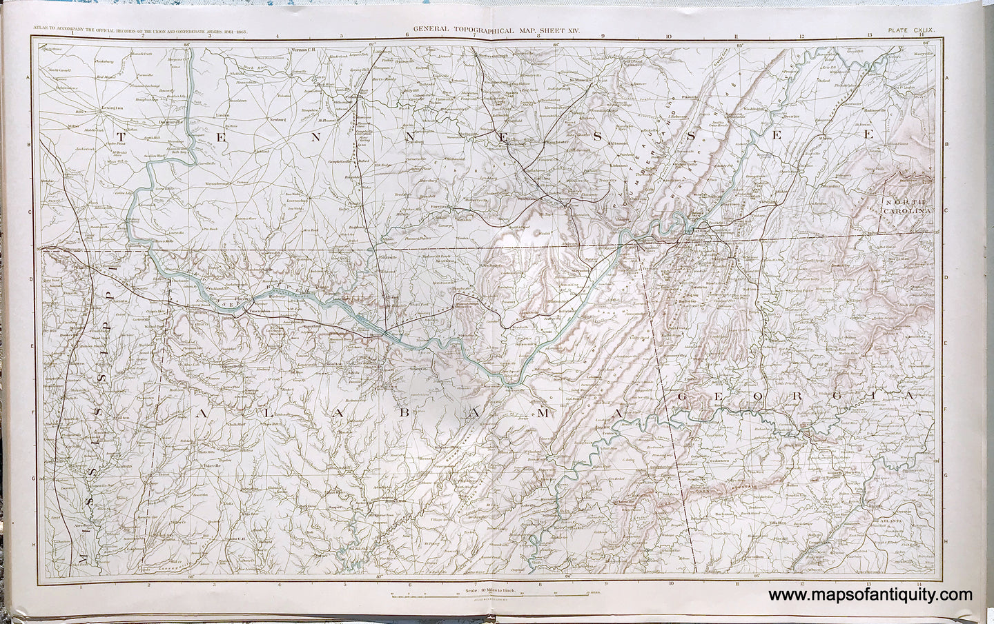 Antique-Lithograph-Print-Plate-149.-General-Topographical-Map.-Sheet-XIV.-Sections-of-Tennessee-Mississippi-Alabama-Georgia-and-a-small-section-of-North-Carolina.-1894-US-War-Dept.-Civil-War-Civil-War-1800s-19th-century-Maps-of-Antiquity