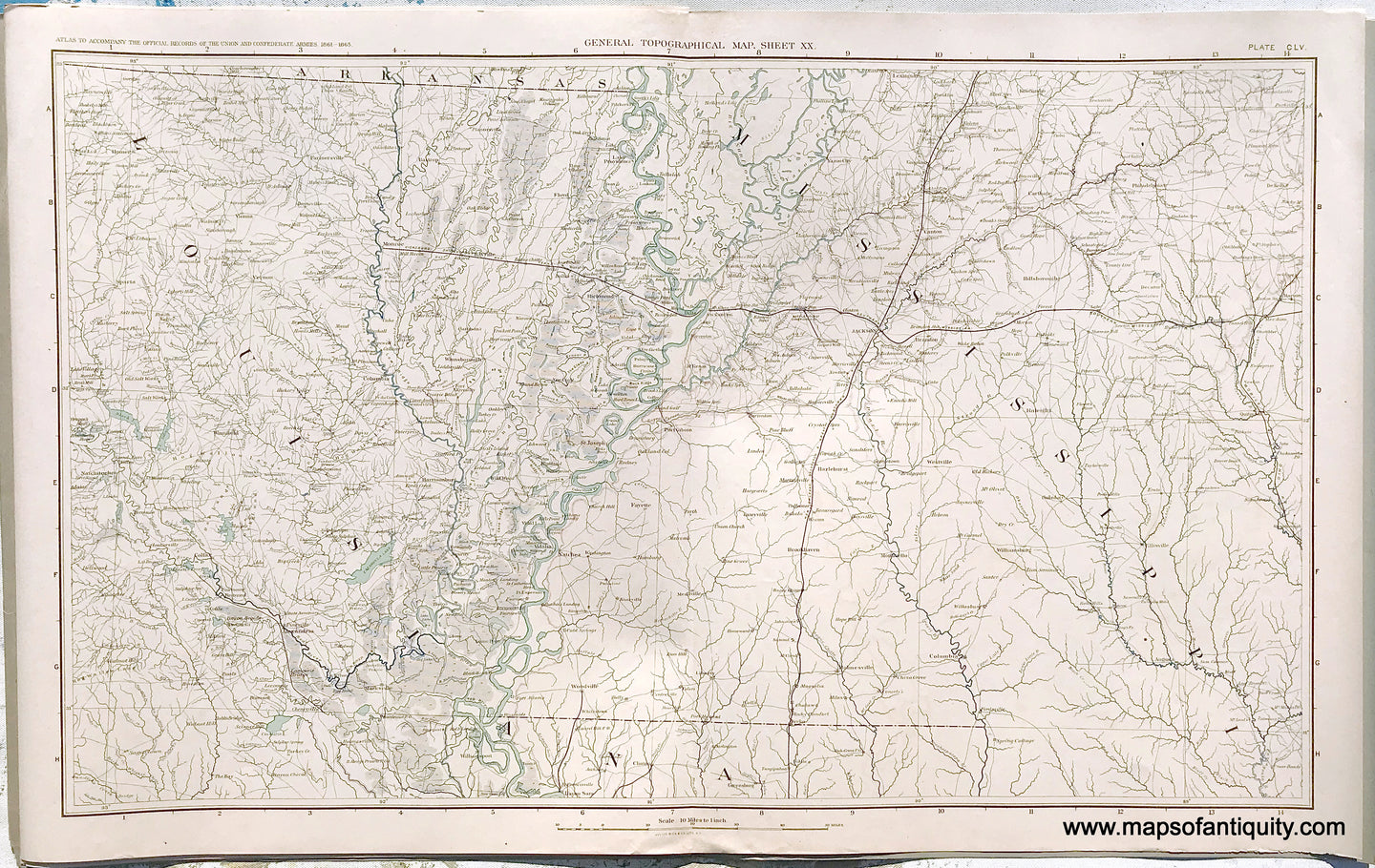Antique-Lithograph-Print-Plate-155.-General-Topographical-Map.-Sheet-XX.-Sections-of-Louisiana-Arkansas-and-Mississippi.-1894-US-War-Dept.-Civil-War-Civil-War-1800s-19th-century-Maps-of-Antiquity