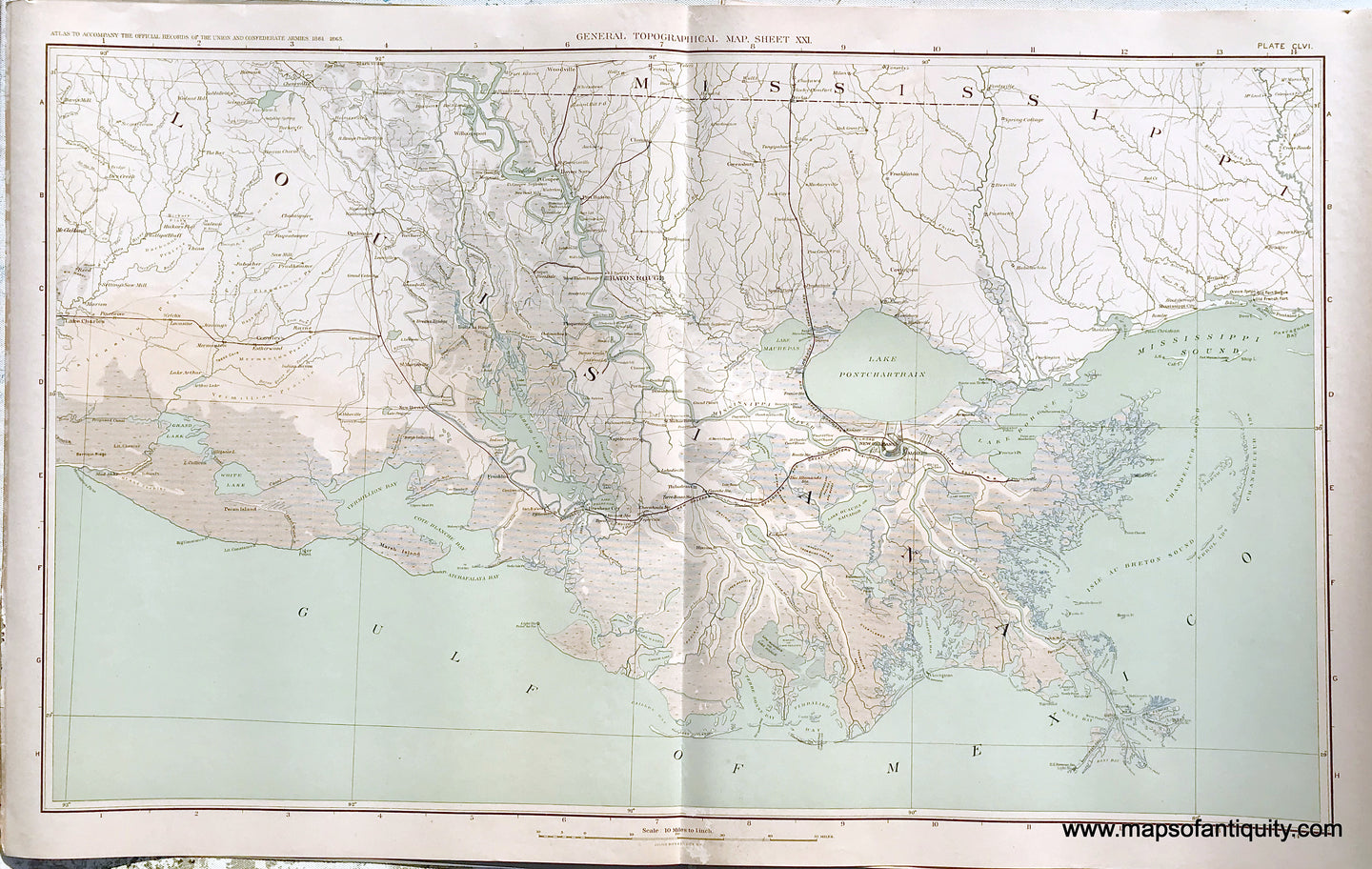 Antique-Lithograph-Print-Plate-156.-General-Topographical-Map.-Sheet-XXI.-Sections-of-Louisiana-and-Mississippi.-1894-US-War-Dept.-Civil-War-Civil-War-1800s-19th-century-Maps-of-Antiquity