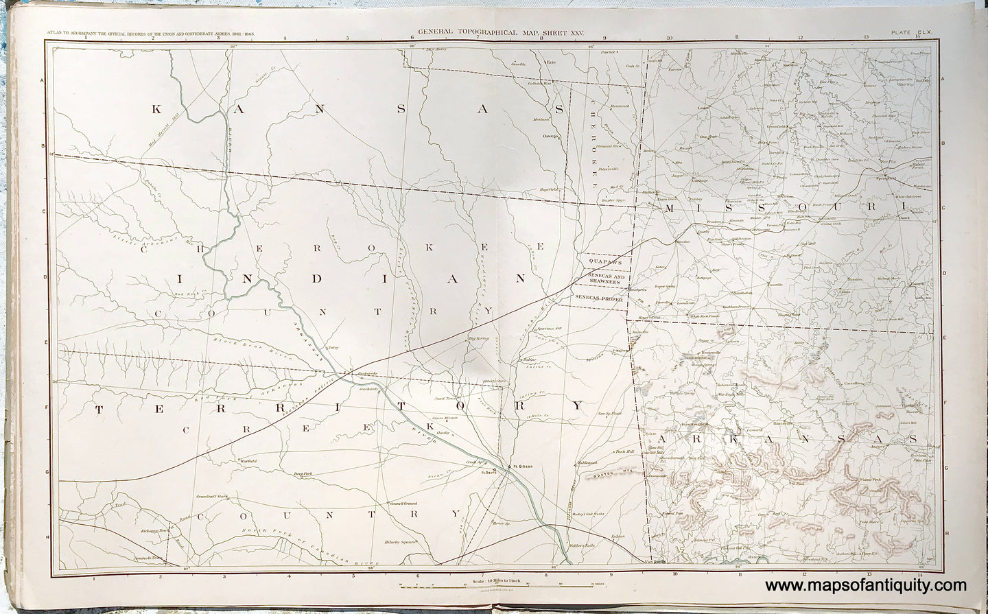 Antique-Lithograph-Print-Plate-160.-General-Topographical-Map.-Sheet-XXV.-Sections-of-Kansas-Indian-Territory-with-tribes-mentioned-Missouri-and-Arkansas.-1894-US-War-Dept.-Civil-War-Civil-War-1800s-19th-century-Maps-of-Antiquity