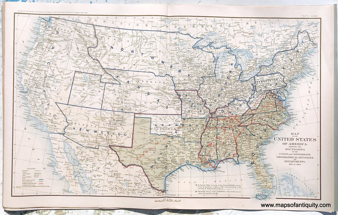 Antique-Lithograph-Print-Plate-170.-The-United-States-of-America-showing-the-Boundaries-of-the-Union-and-Confederate-Geographical-Divisions-and-Departments-December-31-1864.-1895-US-War-Dept.-Civil-War-Civil-War-1800s-19th-century-Maps-of-Antiquity