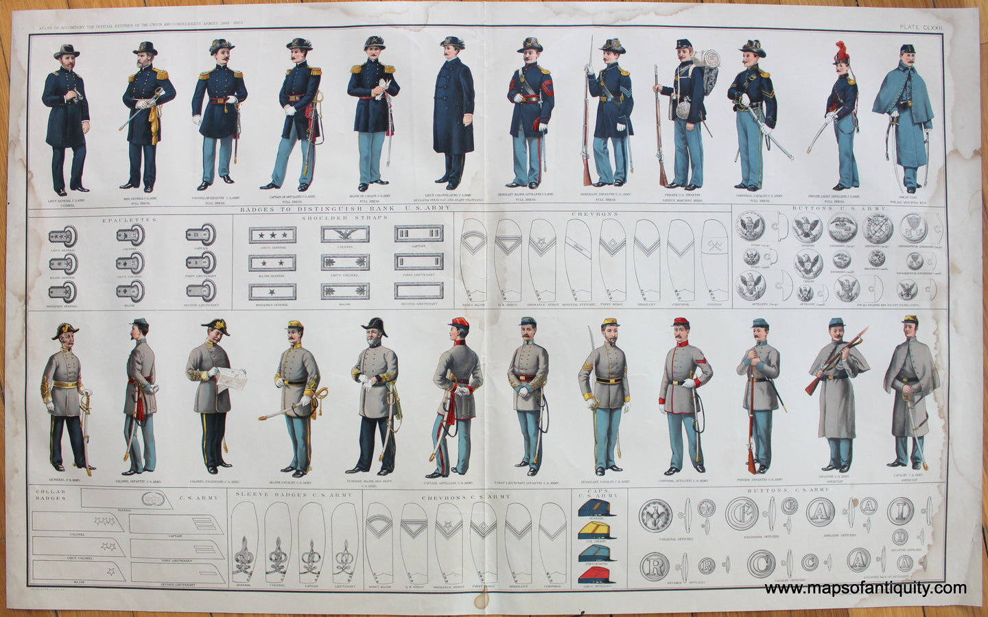 Antique-Lithograph-Print-Plate-172.-United-States-and-Confederate-States-Uniforms.-1895-US-War-Dept.-Civil-War-Civil-War-1800s-19th-century-Maps-of-Antiquity