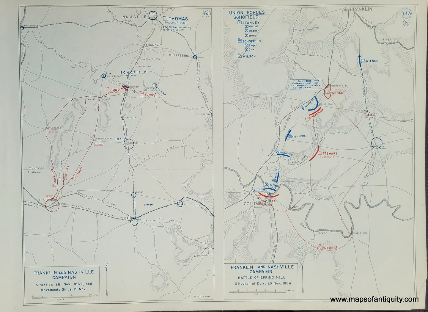 Genuine-Antique-Map-Franklin-and-Nashville-Campaign-Situation-26-Nov--1864-and-Movements-Since-19-Nov--and-Battle-of-Spring-Hill-Situation-at-Dark-29-Nov--1864-1948-Matthew-Forney-Steele-Dept-of-Military-Art-and-Engineering-US-Military-Academy-West-Point-Maps-Of-Antiquity