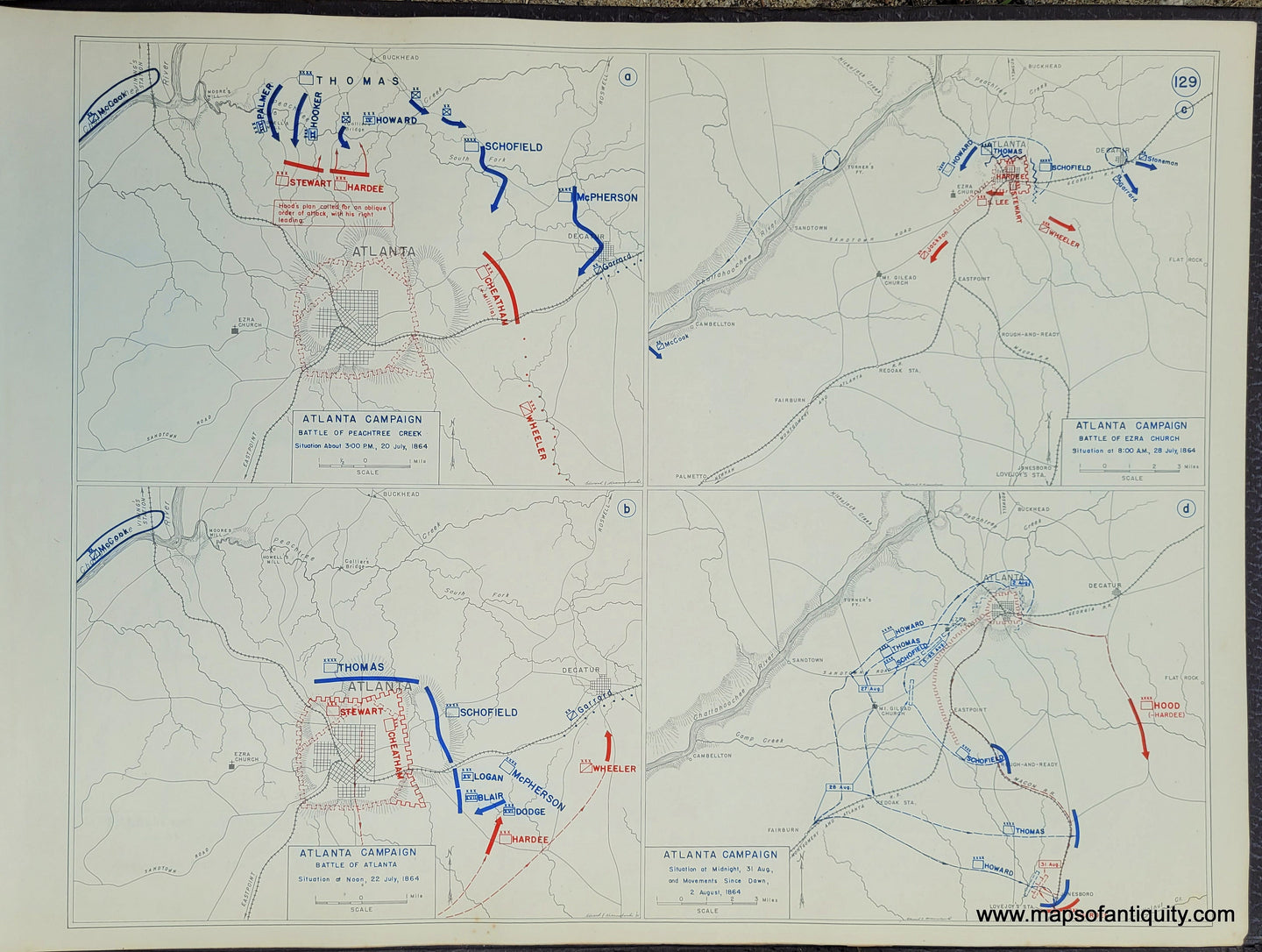 Genuine-Antique-Map-Atlanta-Campaign-Battles-of-Peachtree-Creek-Ezra-Church-Atlanta-and-Sutuation-at-Midnight-31-Aug--and-Movements-Since-Dawn-2-August-1864-1948-Matthew-Forney-Steele-Dept-of-Military-Art-and-Engineering-US-Military-Academy-West-Point-Maps-Of-Antiquity