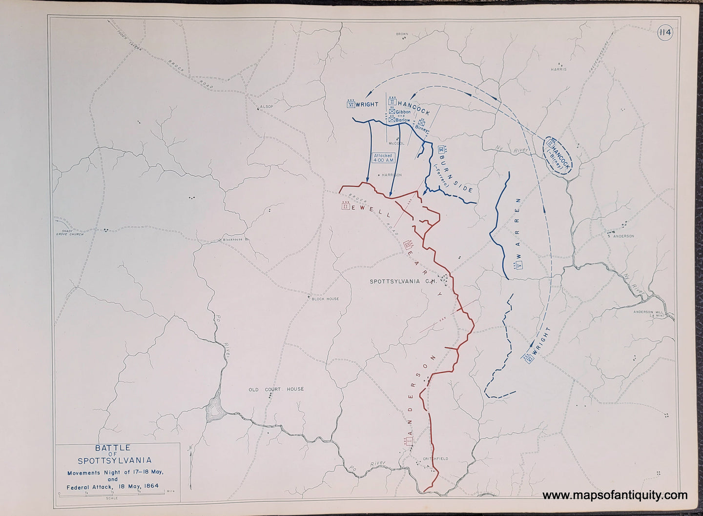 Genuine-Antique-Map-Battle-of-Spottsylvania-Movements-night-of-17-18-May-and-Federal-Attack-18-May-1864-1948-Matthew-Forney-Steele-Dept-of-Military-Art-and-Engineering-US-Military-Academy-West-Point-Maps-Of-Antiquity