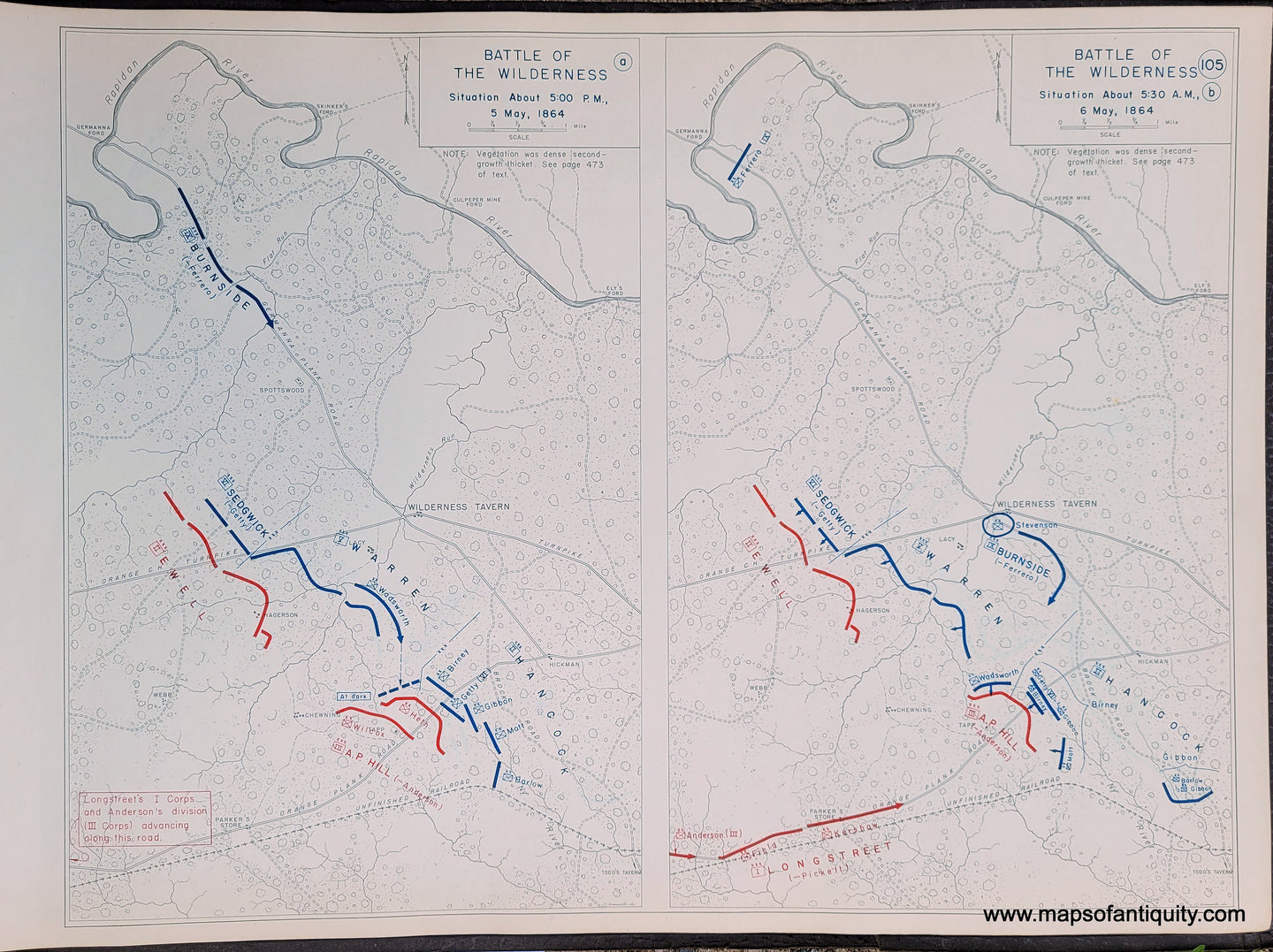 Genuine-Antique-Map-Battle-of-the-Wilderness-Situation-About-5-00-PM-5-May-1864-and-Situation-About-5-30-AM-6-May-1864-1948-Matthew-Forney-Steele-Dept-of-Military-Art-and-Engineering-US-Military-Academy-West-Point-Maps-Of-Antiquity