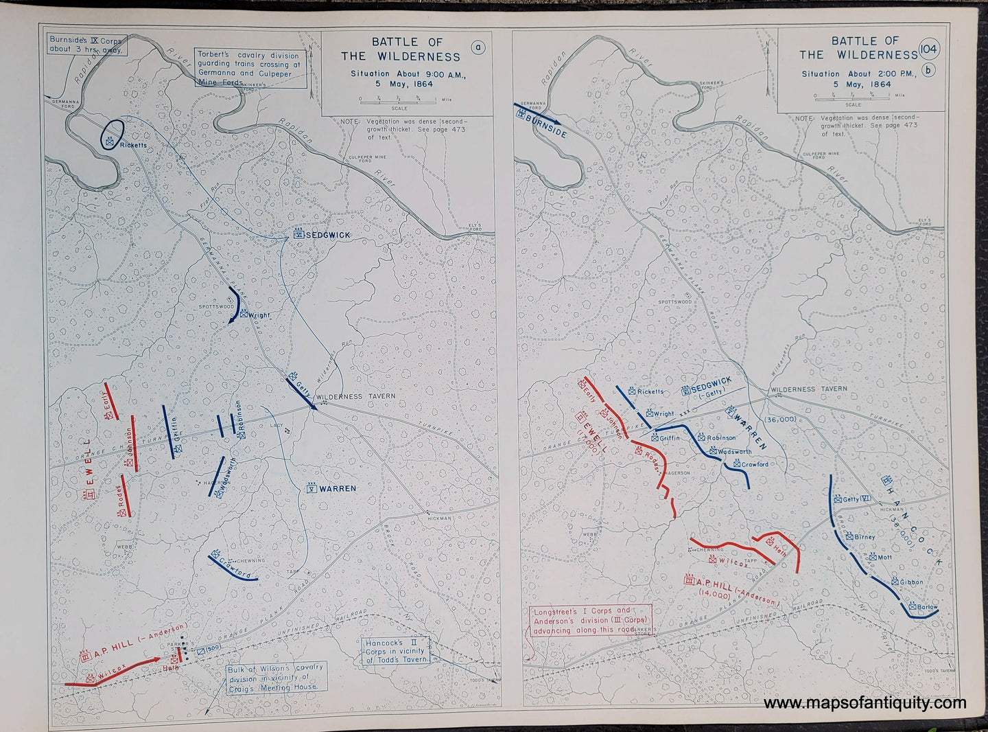 Genuine-Antique-Map-Battle-of-the-Wilderness-Situation-About-9-00-AM-5-May-1864-and-Situation-About-2-00-PM-5-May-1864-1948-Matthew-Forney-Steele-Dept-of-Military-Art-and-Engineering-US-Military-Academy-West-Point-Maps-Of-Antiquity