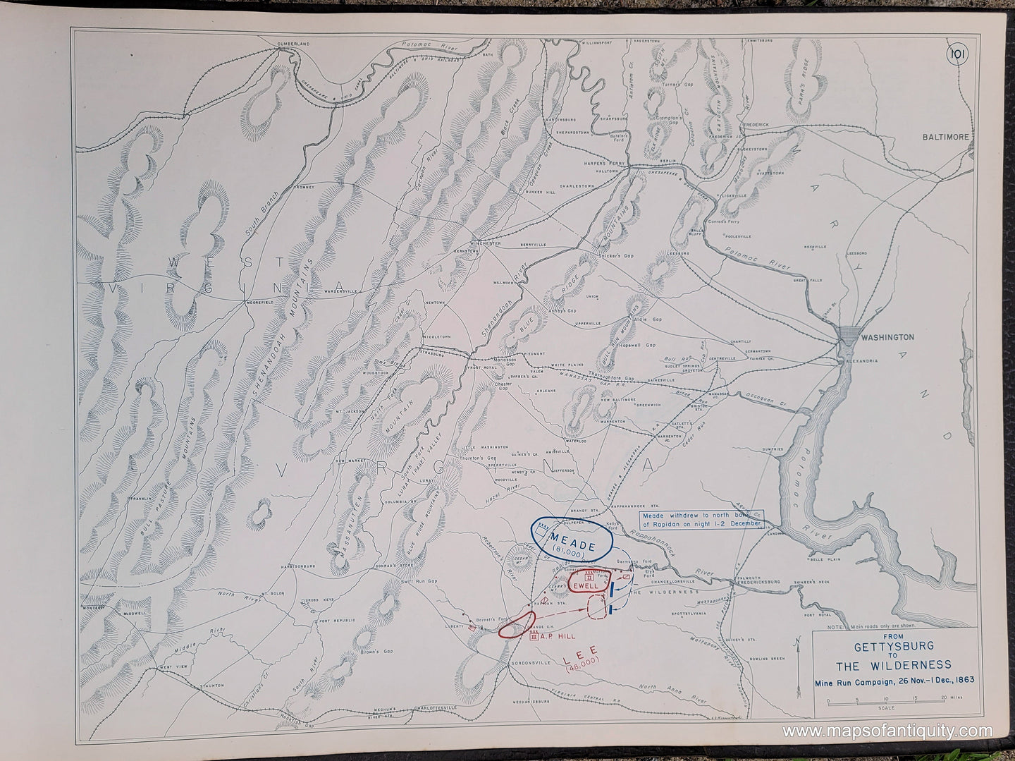 Genuine-Antique-Map-From-Gettysburg-to-the-Wilderness-Mine-Run-Campaign-26-Nov---1-Dec--1863-1948-Matthew-Forney-Steele-Dept-of-Military-Art-and-Engineering-US-Military-Academy-West-Point-Maps-Of-Antiquity