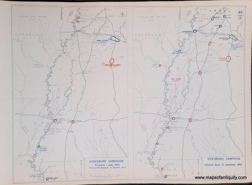 Genuine-Antique-Map-Vicksburg-Campaign-Situation-1-June-1862-Prior-to-the-Breakup-of-Halleck's-Army-and-Situation-About-12-September-1862-1948-Matthew-Forney-Steele-Dept-of-Military-Art-and-Engineering-US-Military-Academy-West-Point-Maps-Of-Antiquity