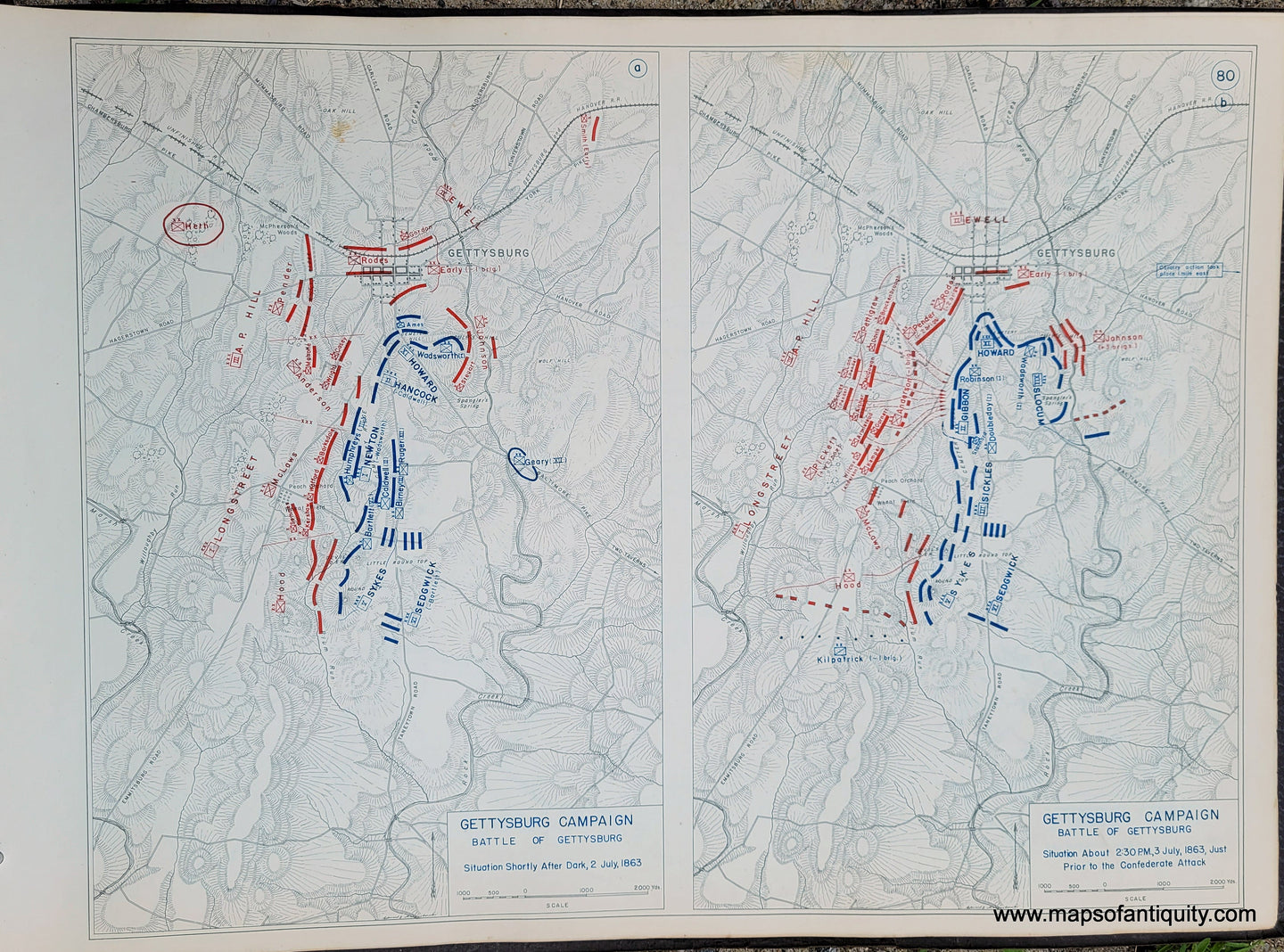 Genuine-Antique-Map-Gettysburg-Campaign-Battle-of-Gettysburg-Situation-Shortly-After-Dark-2-July-1863-and-Situation-About-2-30-PM-3-July-1863-Just-Prior-to-Confederate-Attack-1948-Matthew-Forney-Steele-Dept-of-Military-Art-and-Engineering-US-Military-Academy-West-Point-Maps-Of-Antiquity