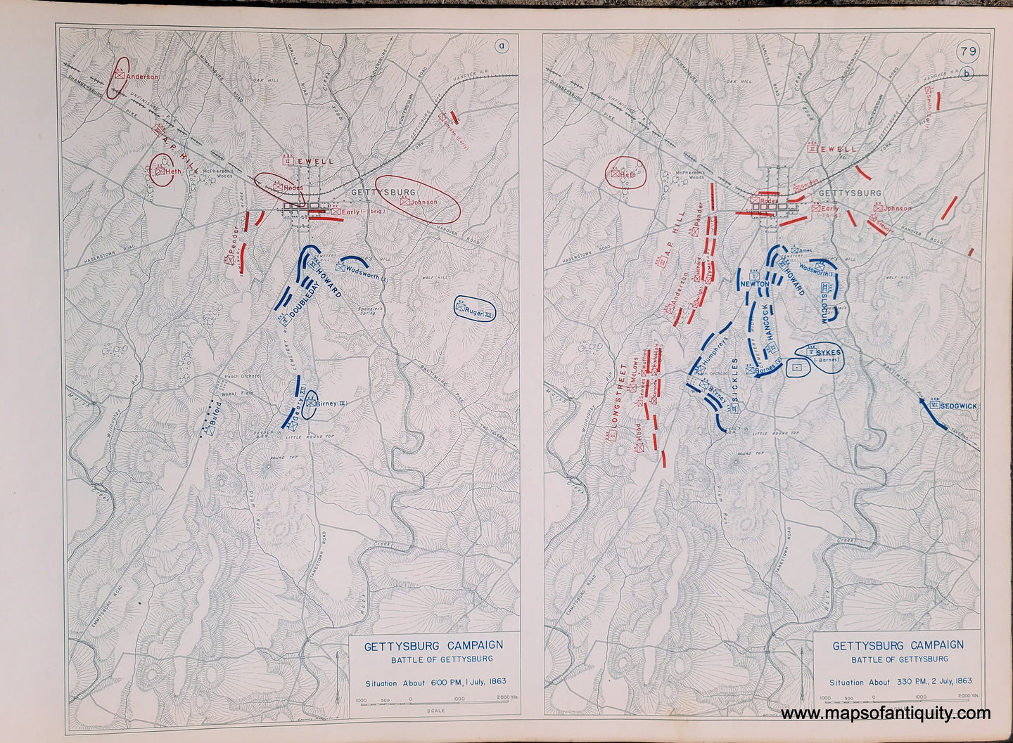 Genuine-Antique-Map-Gettysburg-Campaign-Battle-of-Gettysburg-Situation-About-6-00-PM-1-July-1863-and-Situation-About-3-30-PM-2-July-1863-1948-Matthew-Forney-Steele-Dept-of-Military-Art-and-Engineering-US-Military-Academy-West-Point-Maps-Of-Antiquity