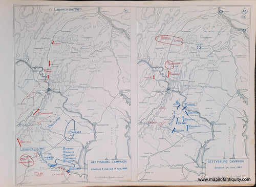 Genuine-Antique-Map-Gettysburg-Campaign-Situations-9-June-and-17-June-1863-and-Situation-24-June-1863-1948-Matthew-Forney-Steele-Dept-of-Military-Art-and-Engineering-US-Military-Academy-West-Point-Maps-Of-Antiquity