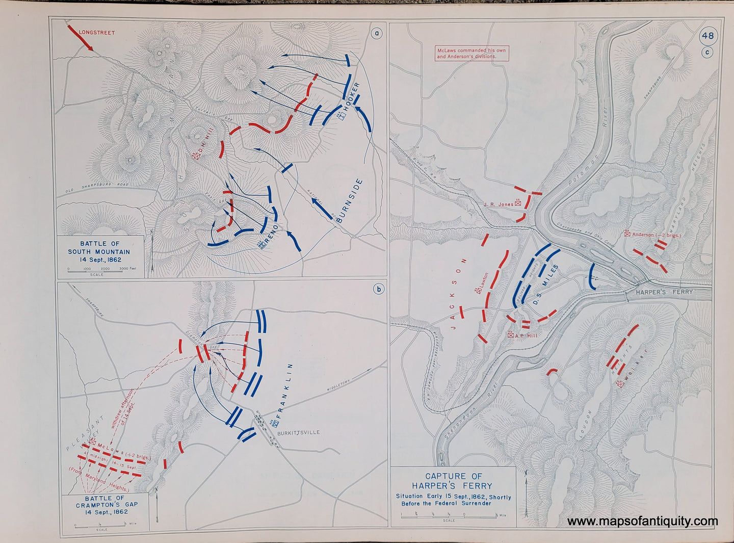 Genuine-Antique-Map-Battle-of-South-Mountain-14-Sept--1862-Battle-of-Crampton's-Gap-14-Sept--1862-Capture-of-Harper's-Ferry-Situation-Early-15-Sept--1862-Shortly-Before-the-Federal-Surrender-1948-Matthew-Forney-Steele-Dept-of-Military-Art-and-Engineering-US-Military-Academy-West-Point-Maps-Of-Antiquity