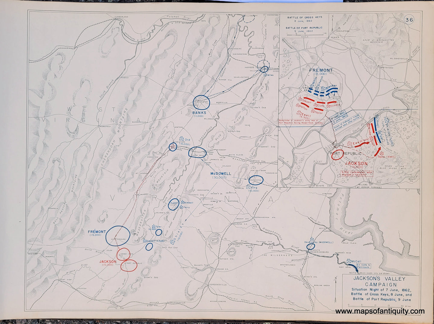 Genuine-Antique-Map-Jackson's-Valley-Campaign-Situation-Night-of-7-June-1862-Battle-of-Cross-Keys-8-June-and-Battle-of-Port-Republic-9-June-1948-Matthew-Forney-Steele-Dept-of-Military-Art-and-Engineering-US-Military-Academy-West-Point-Maps-Of-Antiquity