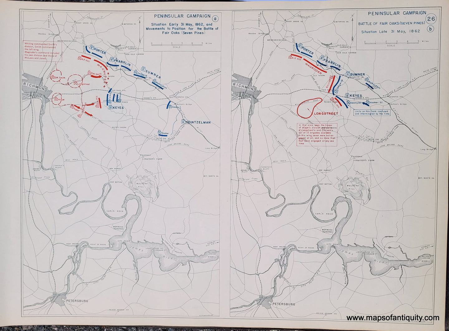 Genuine-Antique-Map-Peninsular-Campaign-Situation-Early-31-May-1862-and-Movements-to-Position-for-the-Battle-of-Fair-Oaks--Seven-Pines--and-Battle-of-Fair-Oaks--Seven-Pines--Situation-Late-31-May-1862-1948-Matthew-Forney-Steele-Dept-of-Military-Art-and-Engineering-US-Military-Academy-West-Point-Maps-Of-Antiquity