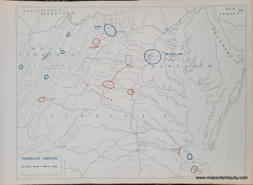 Genuine-Antique-Map-Peninsular-Campaign-Situation-About-11-March-1862-1948-Matthew-Forney-Steele-Dept-of-Military-Art-and-Engineering-US-Military-Academy-West-Point-Maps-Of-Antiquity