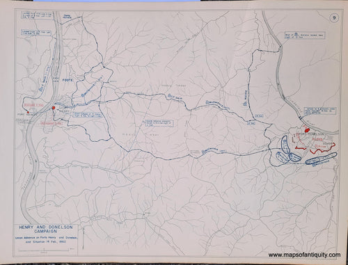 Genuine-Antique-Map-Henry-and-Donelson-Campaign-Union-Advance-on-Forts-Henry-and-Donelson-and-Situation-14-Feb--1862-1948-Matthew-Forney-Steele-Dept-of-Military-Art-and-Engineering-US-Military-Academy-West-Point-Maps-Of-Antiquity