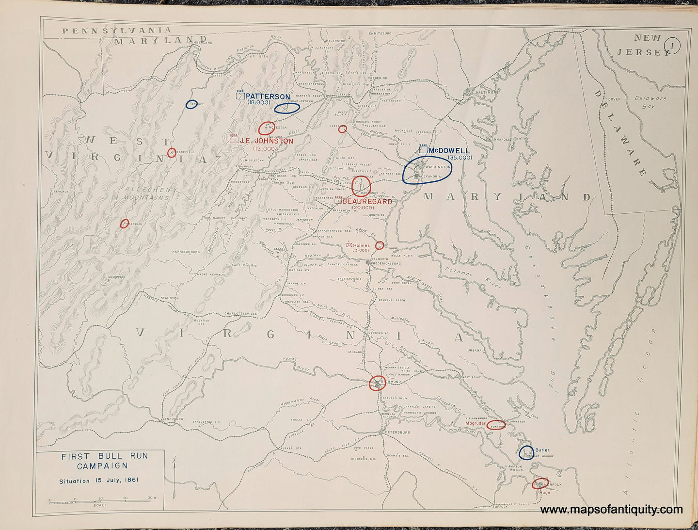 Genuine-Antique-Map-First-Bull-Run-Campaign-Situation-15-July-1861-1948-Matthew-Forney-Steele-Dept-of-Military-Art-and-Engineering-US-Military-Academy-West-Point-Maps-Of-Antiquity