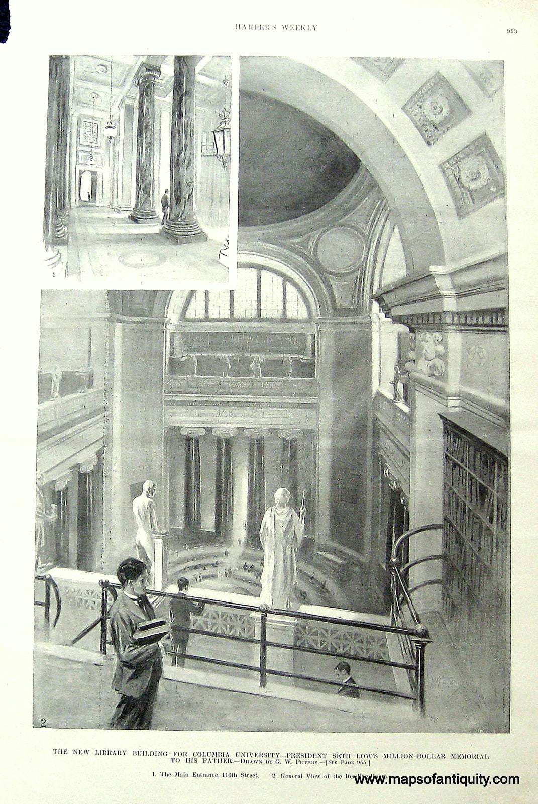 Black-and-White-Antique-Map-The-New-Library-Building-for-Columbia-University-Colleges-Colombia-19th-century-(late)-Harper's-Weekly-Maps-Of-Antiquity