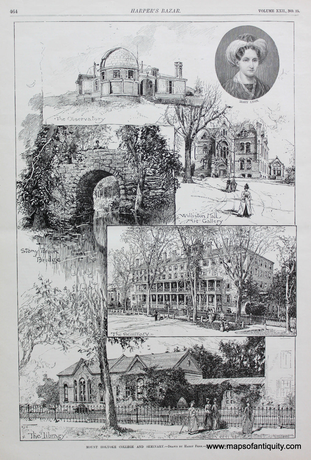 Antique-Black-and-White-Print-Mount-Holyoke-College-and-Seminary-College-Prints-Mount-Holyoke-1889-Harper's--Bazar-Maps-Of-Antiquity