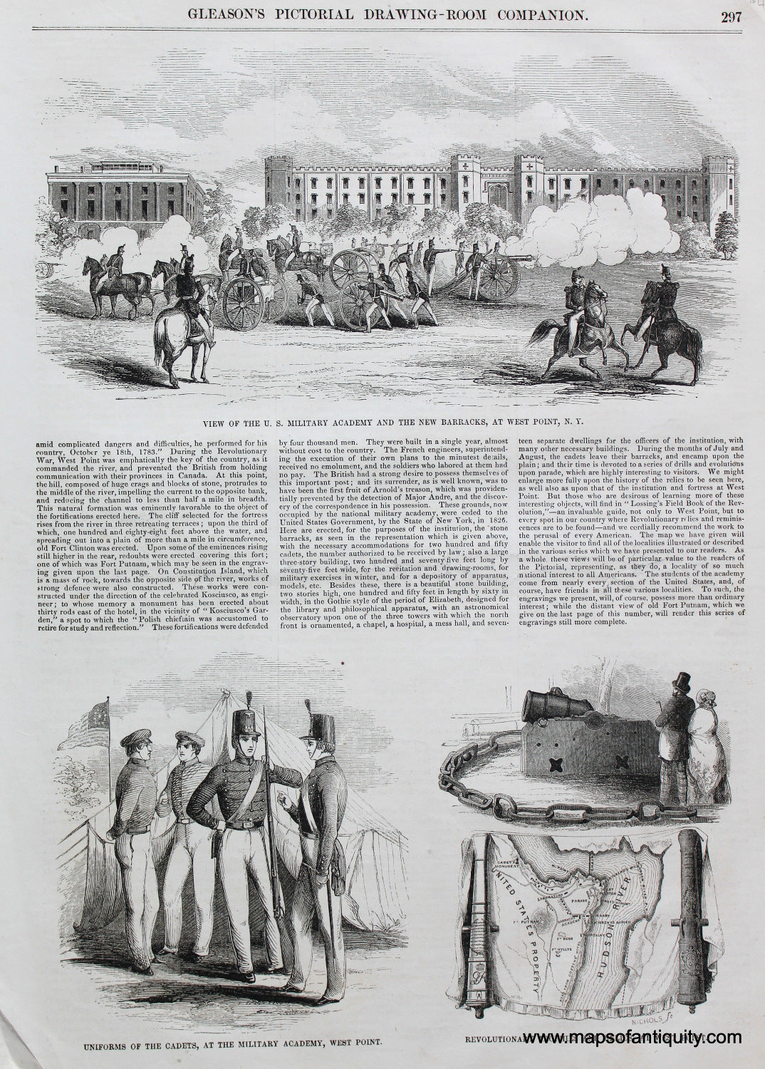 Antique-Black-and-White-Print-West-Point-Academy-Uniforms-Trophies-and-Relics-**********-College-Prints-West-Point-1853-Gleason's-Pictorial-Drawing-Room-Companion-Maps-Of-Antiquity