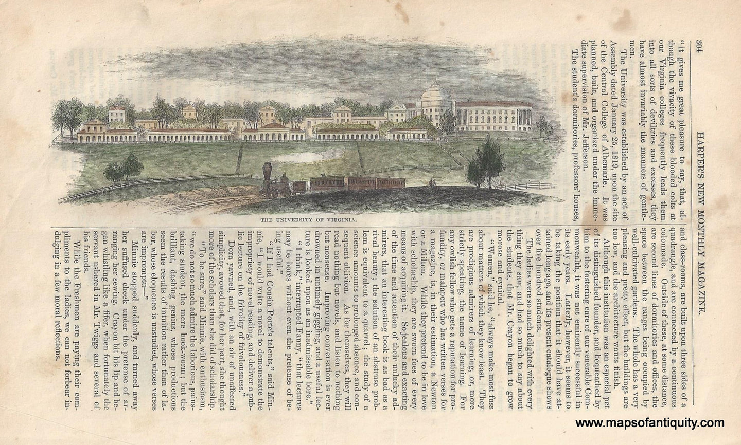 Antique-Hand-Colored-Engraving-University-of-Virginia-****-Colleges-UVA-1856-Harper's-New-Monthly-Magazine-Maps-Of-Antiquity