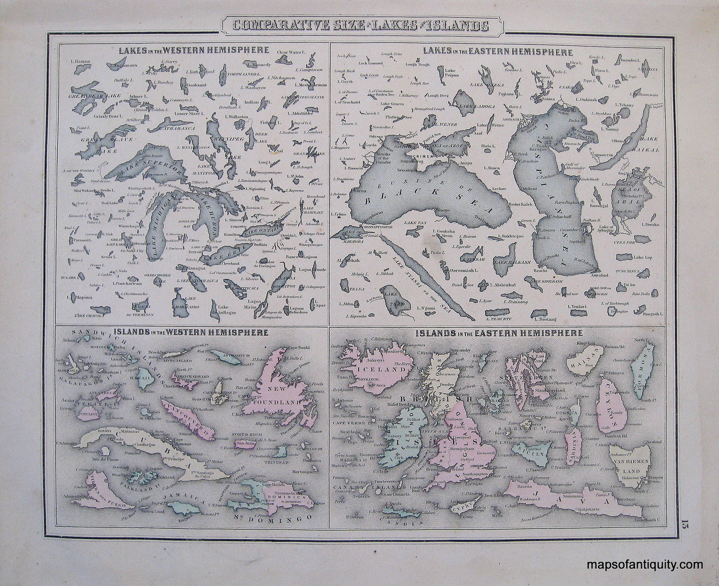 Antique-Hand-Colored-Map-Comparative-Size-of-Lakes-and-Islands-in-Eastern-and-Western-Hemispheres-**********-Comparative-Maps--1876-Gray-Maps-Of-Antiquity