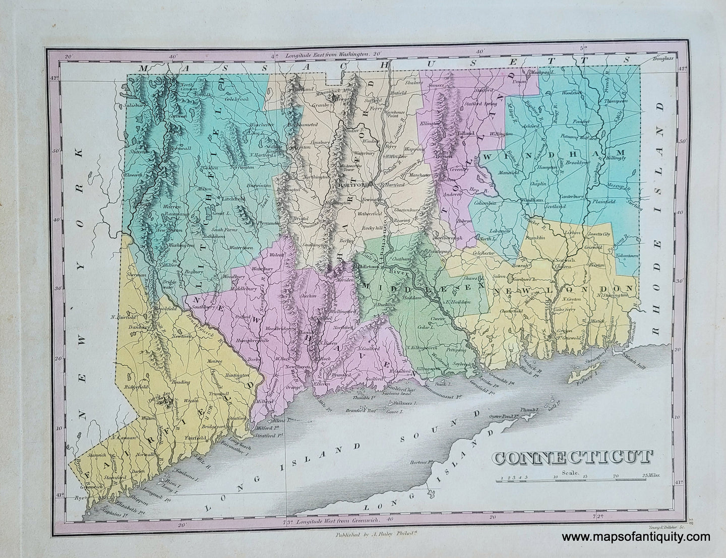 Antique-Hand-Colored-Map-Connecticut.-United-States-Northeast-1824-Anthony-Finley-Maps-Of-Antiquity