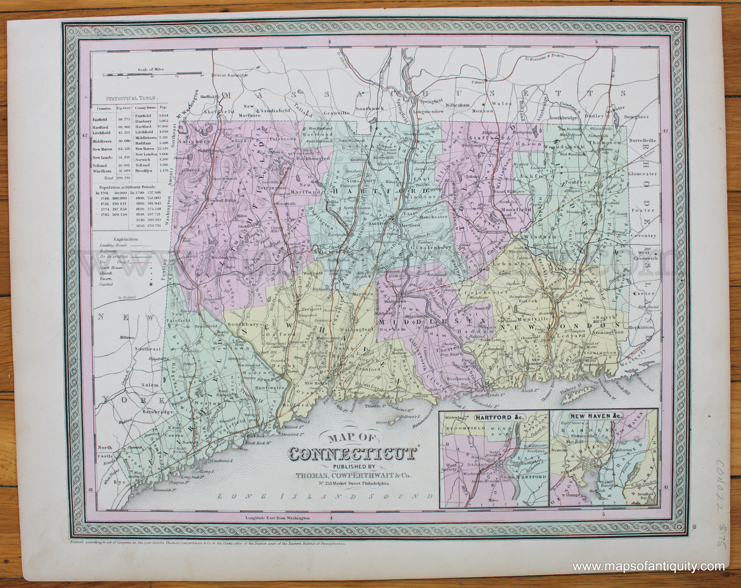 Antique-Hand-Colored-Map-Map-of-Connecticut.--United-States-Northeast-1854-Mitchell/Cowperthwait-Desilver-&-Butler-Maps-Of-Antiquity