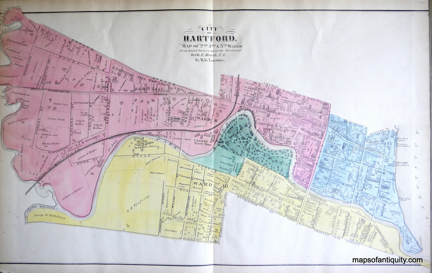 Antique-Hand-Colored-Map-City-of-Hartford-Map-of-2nd-3rd-&-5th-Wards-(CT)-United-States-Northeast-1869-Baker-&-Tilden-Maps-Of-Antiquity