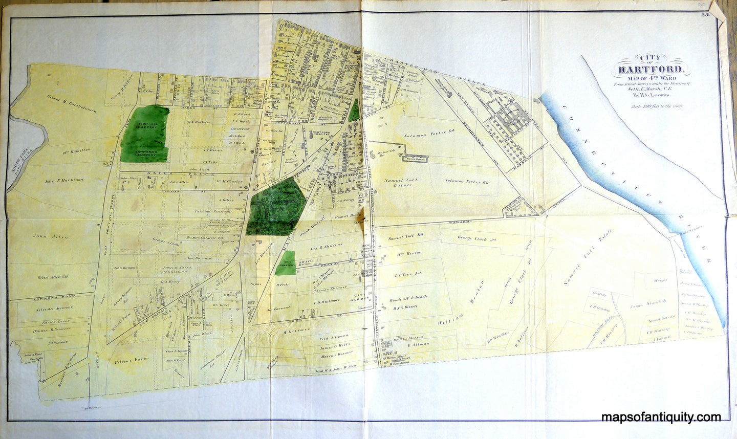 Antique-Hand-Colored-Map-City-of-Hartford-Map-of-4th-Ward-(CT)-United-States-Northeast-1869-Baker-&-Tilden-Maps-Of-Antiquity