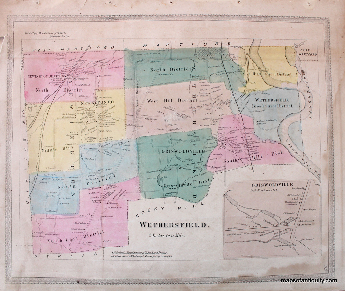 Antique-Hand-Colored-Map-Plan-of-the-town-of-Wethersfield-(CT)-**********-United-States-Northeast-1869-Baker-&-Tilden-Maps-Of-Antiquity