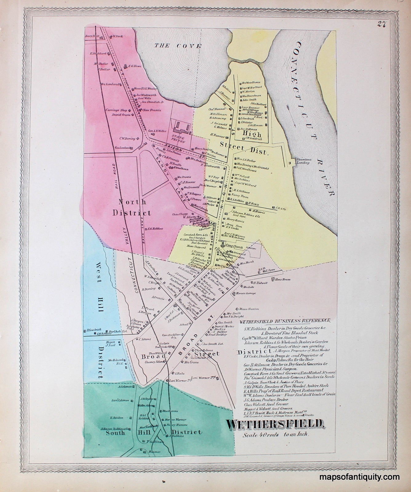 Antique-Hand-Colored-Map-Plan-of-the-village-of-Wethersfield-(CT)-United-States-Northeast-1869-Baker-&-Tilden-Maps-Of-Antiquity