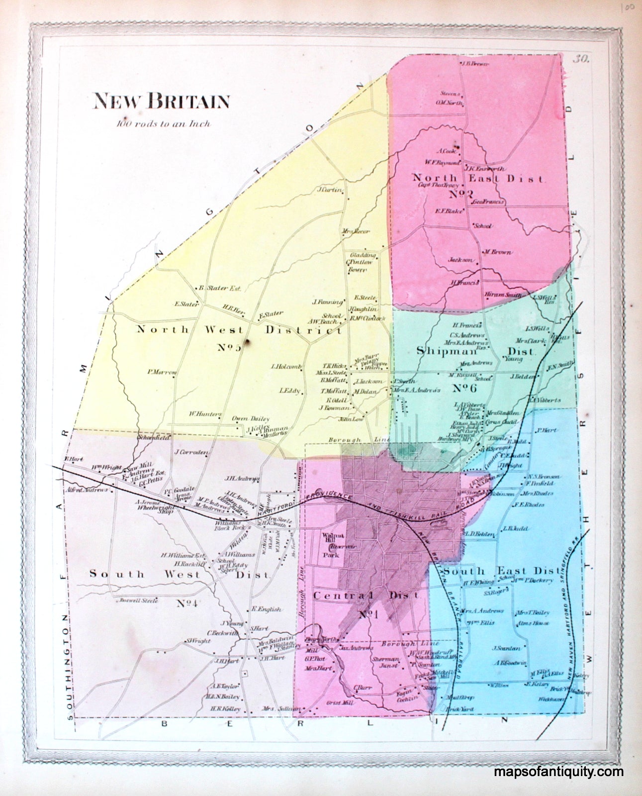 Antique-Hand-Colored-Map-Plan-of-the-town-of-New-Britain-(CT)-United-States-Northeast-1869-Baker-&-Tilden-Maps-Of-Antiquity