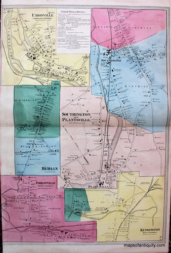 Antique-Hand-Colored-Map-Plans-of-the-villages-of-Southington-Plantsville-Unionville-Forestville-Berlin-and-Kensington-(CT)-United-States-Northeast-1869-Baker-&-Tilden-Maps-Of-Antiquity