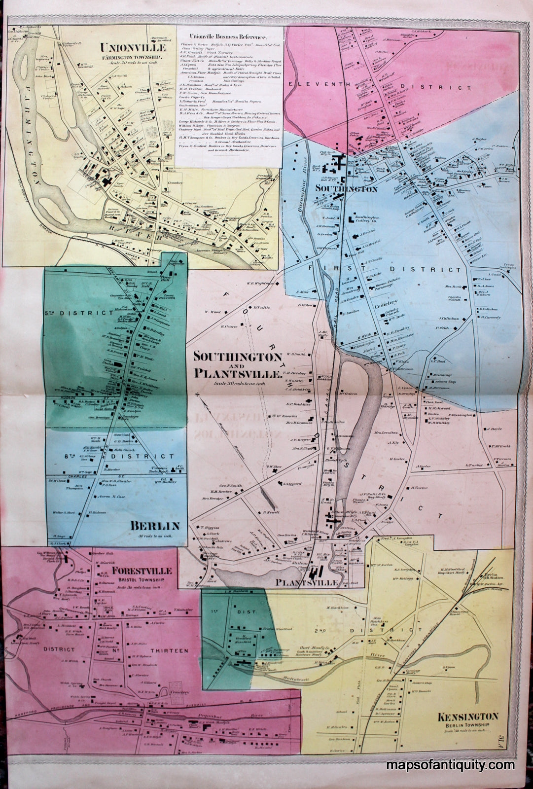 Antique-Hand-Colored-Map-Plans-of-the-villages-of-Southington-Plantsville-Unionville-Forestville-Berlin-and-Kensington-(CT)-United-States-Northeast-1869-Baker-&-Tilden-Maps-Of-Antiquity