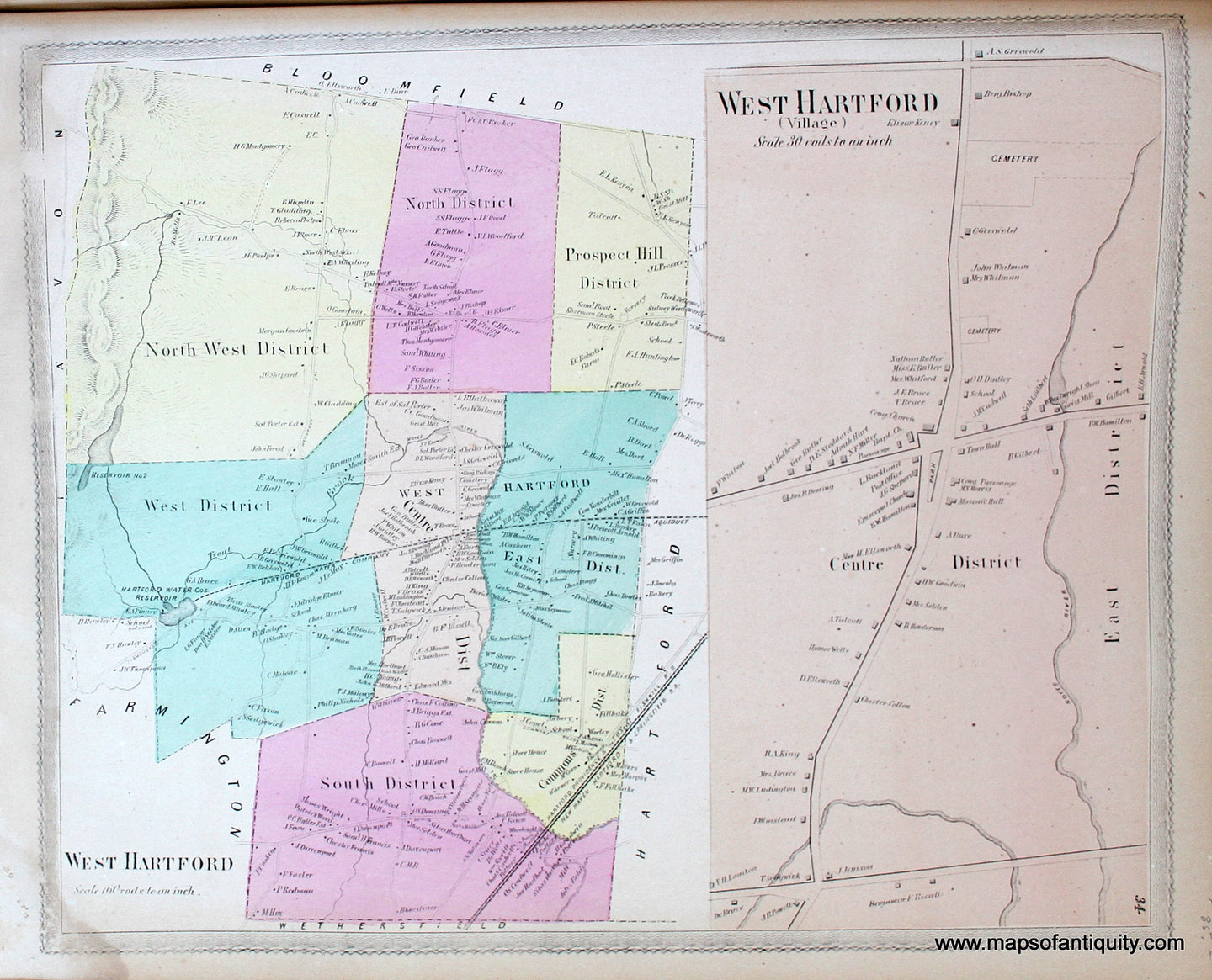 Antique-Hand-Colored-Map-Plan-of-the-town-of-West-Hartford-(CT)********-United-States-Northeast-1869-Baker-&-Tilden-Maps-Of-Antiquity