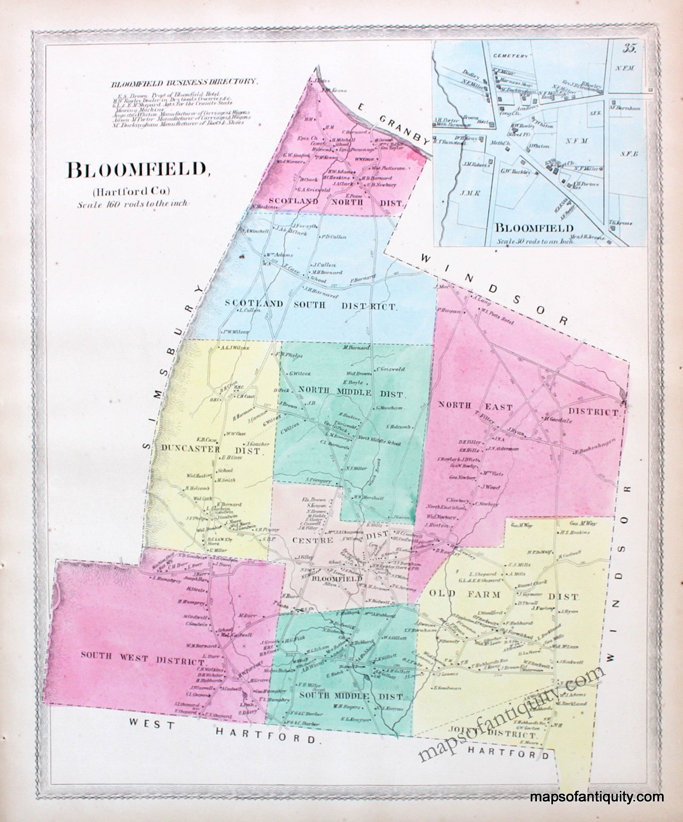 Antique-Hand-Colored-Map-Plan-of-the-town-of-Bloomfield--(CT)-United-States-Northeast-1869-Baker-&-Tilden-Maps-Of-Antiquity