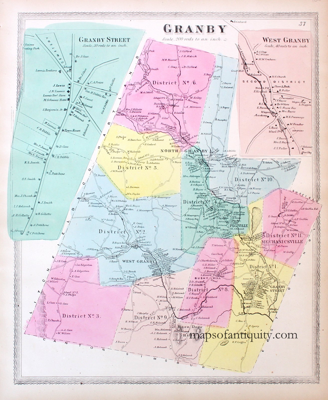 Antique-Hand-Colored-Map-Plan-of-the-town-of-Granby-(CT)-******-United-States-Northeast-1869-Baker-&-Tilden-Maps-Of-Antiquity