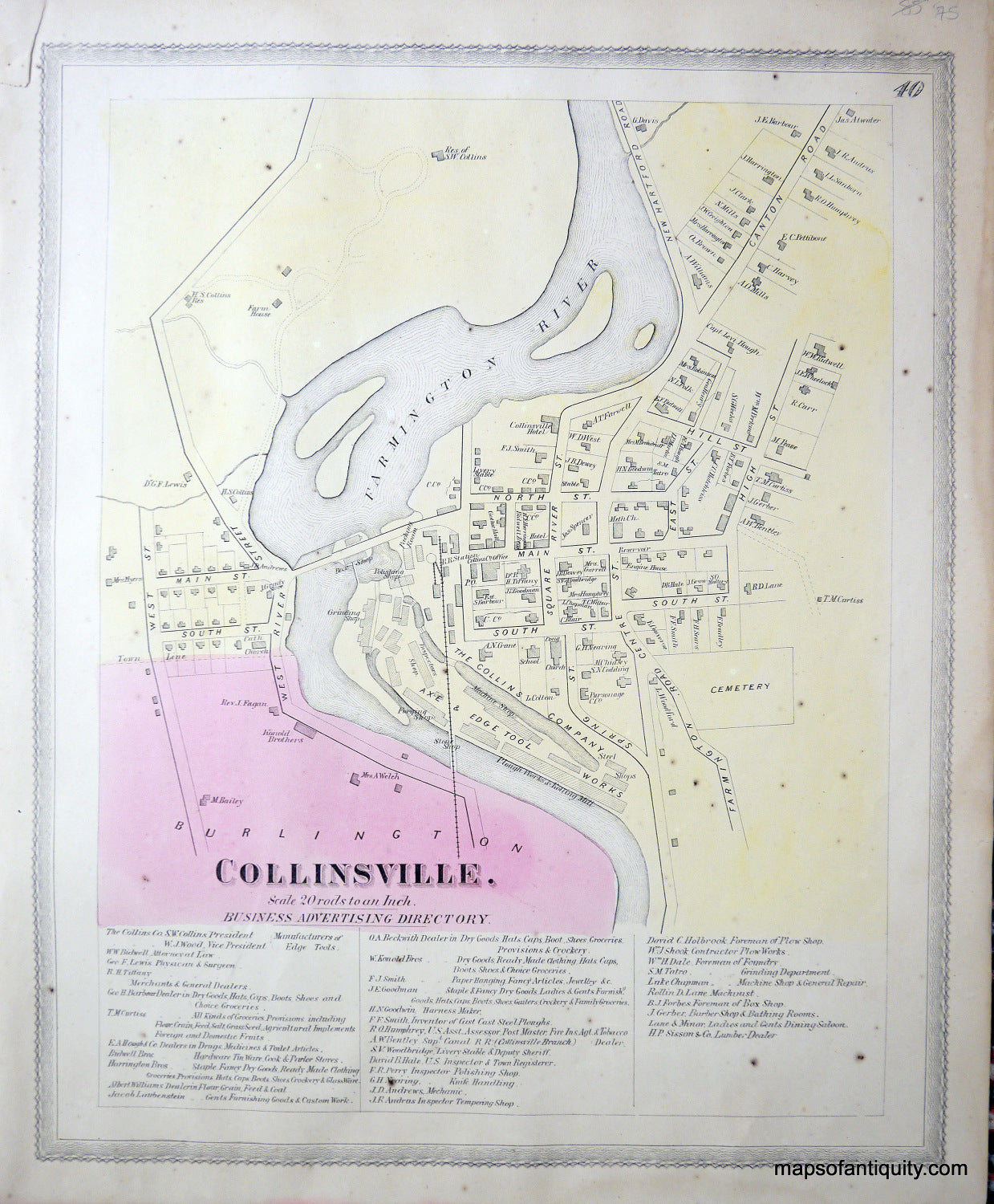 Antique-Hand-Colored-Map-Plan-of-the-village-of-Collinsville-(CT)-United-States-Northeast-1869-Baker-&-Tilden-Maps-Of-Antiquity