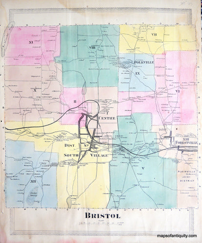 Antique-Hand-Colored-Map-Plan-of-the-town-of-Bristol-(CT)-United-States-Northeast-1869-Baker-&-Tilden-Maps-Of-Antiquity