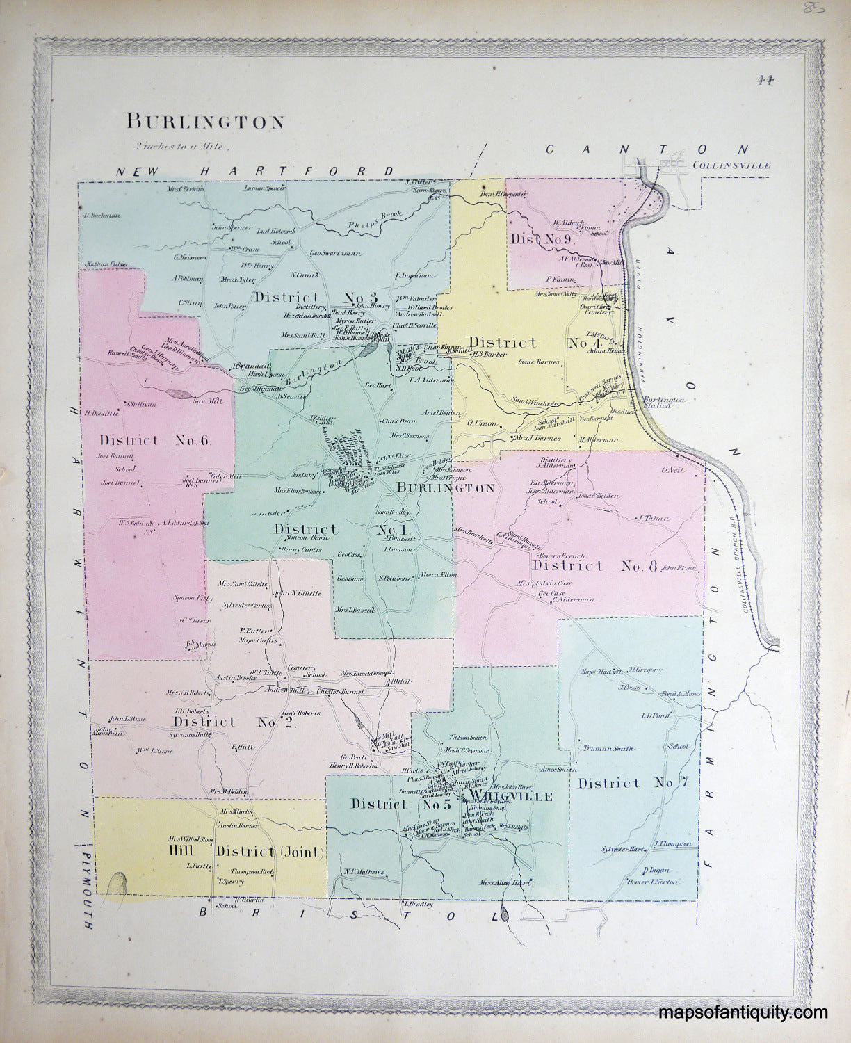 Antique-Hand-Colored-Map-Plan-of-the-town-of-Burlington--(CT)-United-States-Northeast-1869-Baker-&-Tilden-Maps-Of-Antiquity