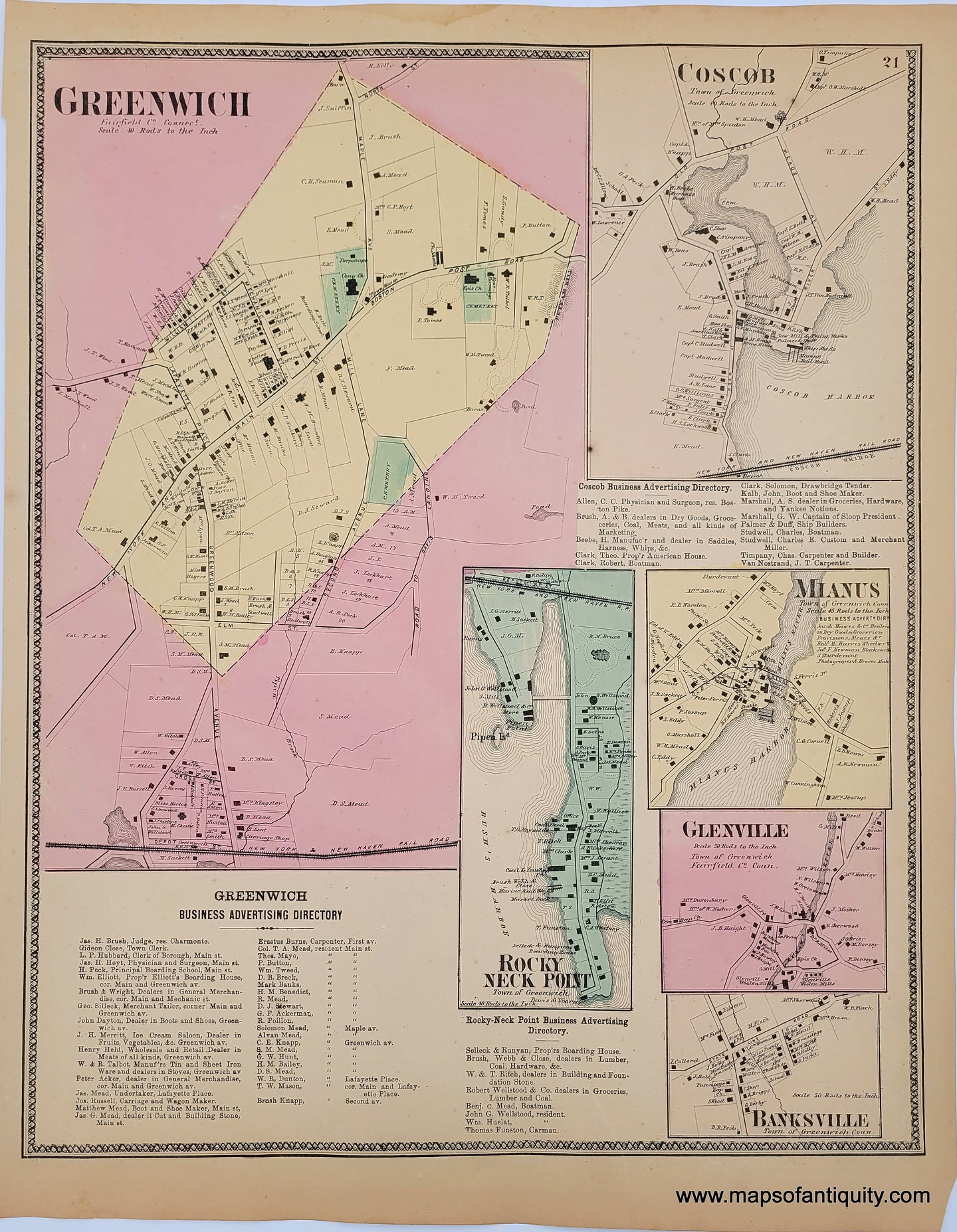 Antique-Hand-Colored-Map-Greenwich-(CT)-United-States-Northeast-1867-Beers-Maps-Of-Antiquity