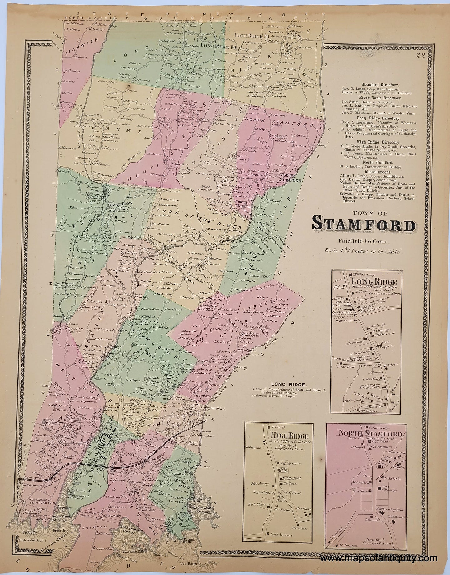 Antique-Hand-Colored-Map-Town-of-Stamford-(CT)--United-States-Northeast-1867-Beers-Maps-Of-Antiquity