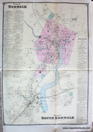 Antique-Map-Norwalk-South-Norwalk-Beers-1867-Connecticut-CT-1867-Beers-1860s-1800s-19th-century-Maps-of-Antiquity