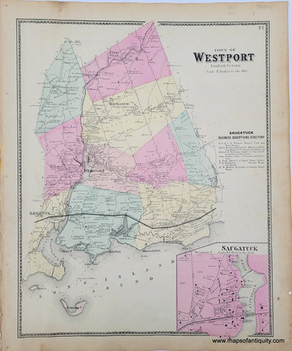 Antique-Map-Town-of-Westport-Connecticut-CT-1867-Beers-1860s-1800s-19th-century-Maps-of-Antiquity